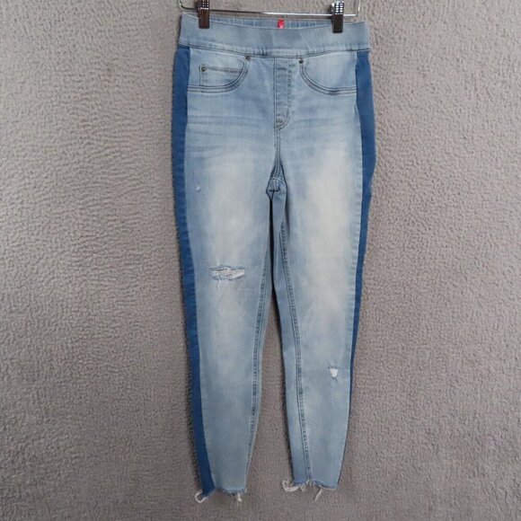 Spanx Skinny Jeans Small Pull On Tonal Tuxedo Side Stripe Distressed Raw Hem - Picture 1 of 12